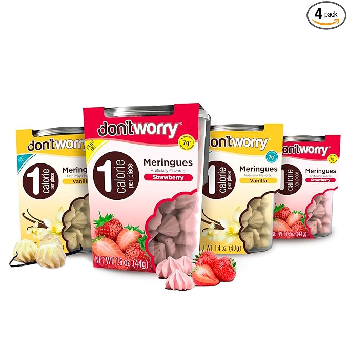 Don't Worry Low Calorie Meringue Cookies - 4 Pack - Strawberry and Vanilla, Just 1 Calorie per Piece | Low Sugar Candy, Gluten Free, Protein Snacks | Keto Friendly and Healthy Snacks for Adults