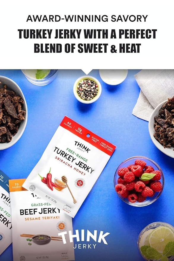 Think Jerky Sriracha Honey Turkey Jerky, High Protein Free-Range Turkey, Gluten Free, No Antibiotics or Nitrates, Healthy Chef Crafted Recipe, Low Calorie and Low Fat - 1.0 oz Bags, 12 Pack