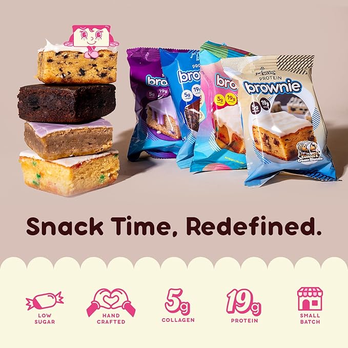 Prime Bites High Protein Brownie (12 Per Box, Birthday Cake Blondie) - 19g of Protein, 5g of Collagen, Gluten Free, Low Sugar Treat, Delicious Protein Snack