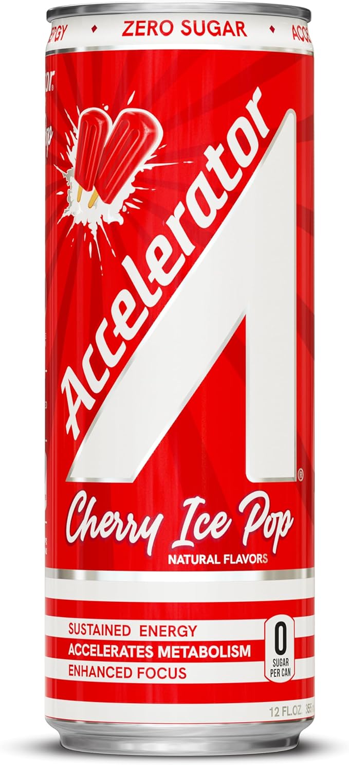 Accelerator Energy Drink, Cherry Ice Pop 12oz can (12 pack), Zero Sugar, Sustained Energy from 100% Natural Caffeine (200mg from Green Coffee Bean & Green Tea extract)