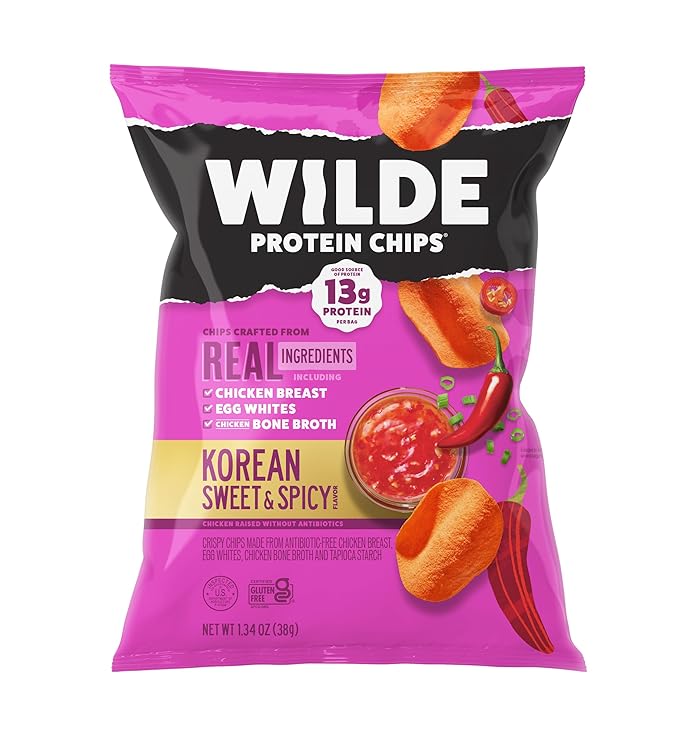 WILDE Protein Chips, Korean Sweet & Spicy, High Protein Snacks for Adults, Keto Chips, Gluten Free, Low Carb Snack Box Made with Real Ingredients 1.34oz Bags, Pack of 12
