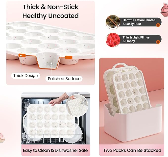 Fimary Silicone Muffin Pans With Metal Reinforced Frame - 24 Cups Durable Silicone Baking Pan for Muffins, Cupcakes, BPA Free and Dishwasher Safe - Beige with Rainbow Spots, Set of 2
