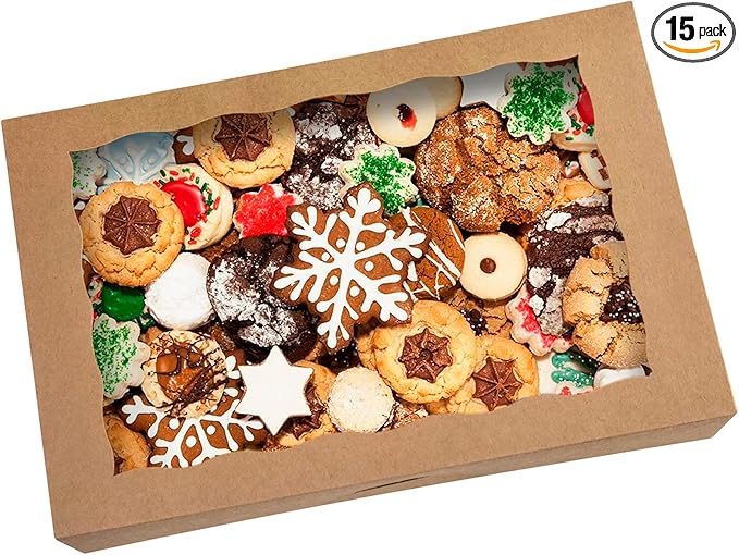 SOROO 15-PACK Pastry Bakery Box 16x11x2.75inch,Brown Large Donuts,Muffins,Cookies Boxes with PVC Window Auto-Pop up Paper Box Nature Cardboard Take Out Container,Hold 12 Donuts,Pack of 15