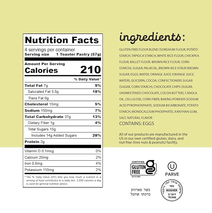 Katz Gluten Free Chocolate Chip Toaster Pastries. Breakfast Foods Snacks. Free of Dairy, Peanuts, Tree Nuts, and Sesame, No Artificial Color. Kosher. 8oz (12pk)