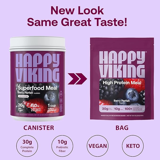 Happy Viking Berry Parfait Protein + Superfoods Powder, Created by Venus Williams, 30G Protein, Low Carb, Keto, Vegan, Gluten-Free, Non-GMO, Complete Meal Replacement, 1 Bag