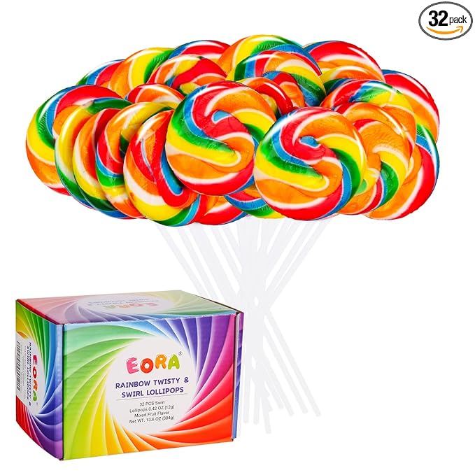Rainbow Twisty & Swirl Lollipops 32 Pack, Unicorn Candy Swirl Lollipops Individually Wrapped Suckers, Rainbow Lollipop Candy Bulk for Birthday, Mixed Fruit Flavor