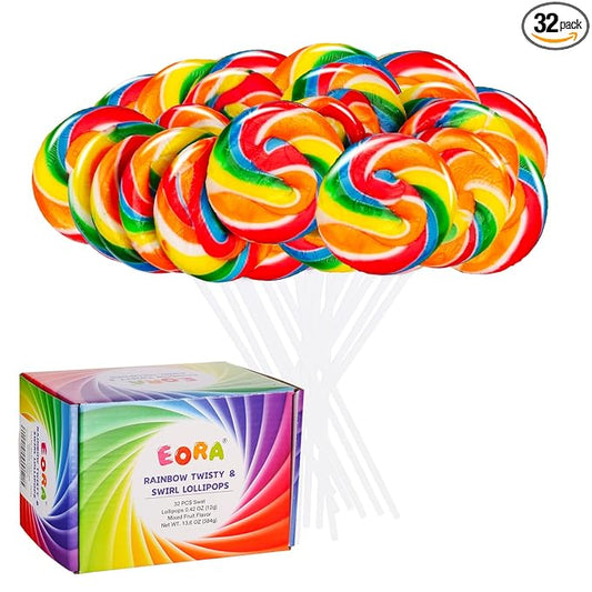 Rainbow Twisty & Swirl Lollipops 32 Pack, Unicorn Candy Swirl Lollipops Individually Wrapped Suckers, Rainbow Lollipop Candy Bulk for Birthday, Mixed Fruit Flavor