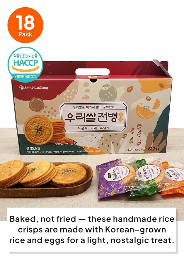 Korean Food Shinwhadang Korean Rice Wafer Cookie Gift Set (1.2 oz * 18 Packs) – Almond & Black Sesame & Green Laver (Seaweed) Flavors, Oven-Baked Crispy Rice Crackers (Total 21.6oz)