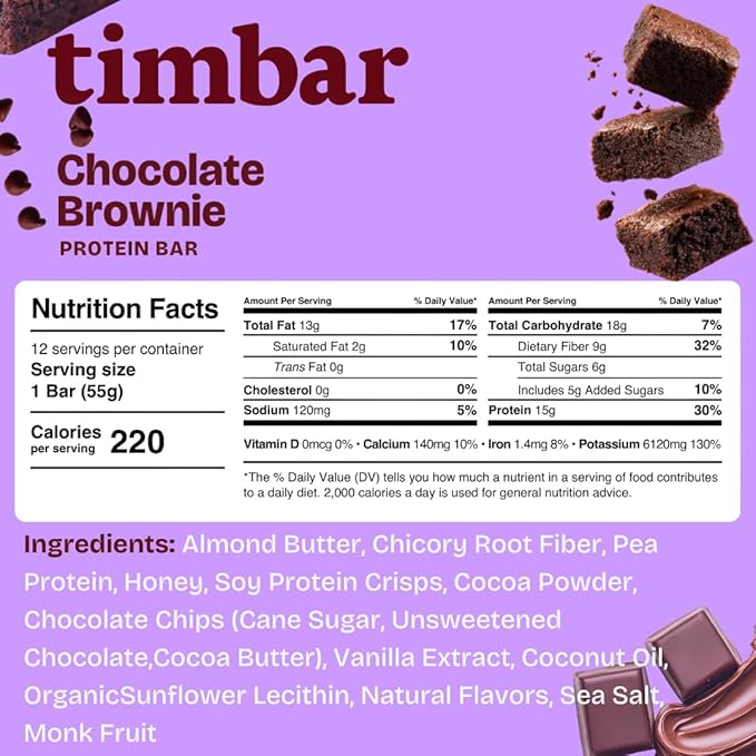 timbar Plant-Based Protein Bars, Chocolate Brownie | 14g Plant Protein, 8g Prebiotic Fiber | Gluten, Dairy & Egg Free, Non-GMO, No Sugar Alcohols (4 Pack)