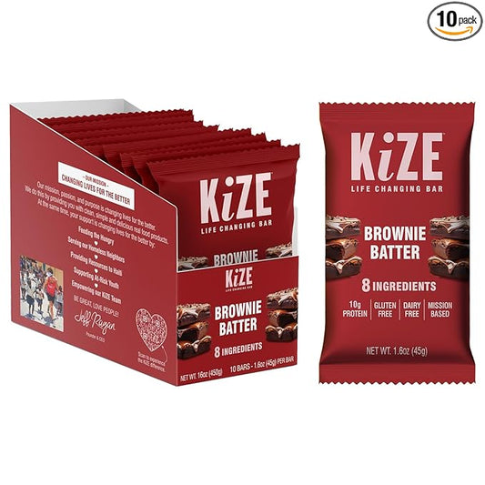 KiZE Energy Bars - Brownie Batter - Almond Butter Based, Gluten Free, Dairy Free - 10g High Protein Snacks, Clean and Simple Food Ingredients, High Protein Meal Replacement Energy Bars (10 Count)