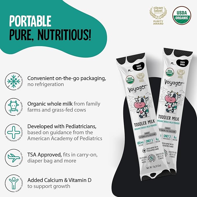 Voyager Toddler Milk On The Go, USDA Organic Shelf Stable Whole Milk Powder, Great for Travel, No Refrigeration, Gluten Free with No GMO's and No Antibiotics for Kids, 32 Sachets of 15g - 2 Pack