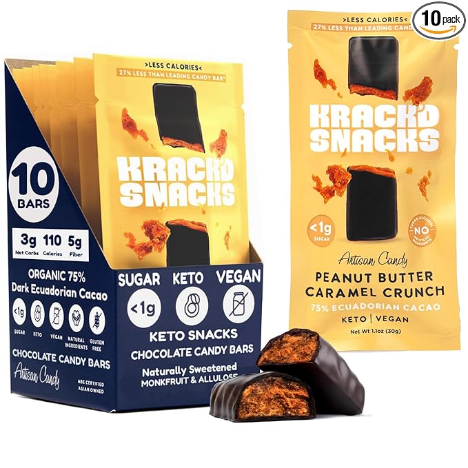 Krack’d Snacks Keto Chocolate Snack Bars 10 Pk | Handmade Low Carb, Sugar Free Dark Chocolates with Peanut Butter, Caramel Crunch, Allulose | Vegan, Non-GMO, Gluten Free Chocolate Candy Bar