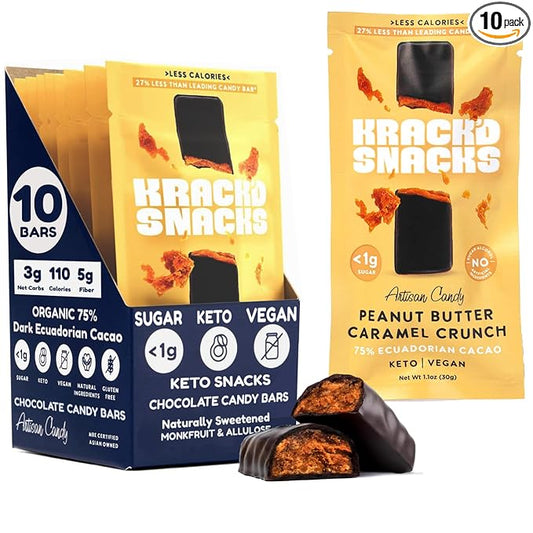 Krack’d Snacks Keto Chocolate Snack Bars 10 Pk | Handmade Low Carb, Sugar Free Dark Chocolates with Peanut Butter, Caramel Crunch, Allulose | Vegan, Non-GMO, Gluten Free Chocolate Candy Bar