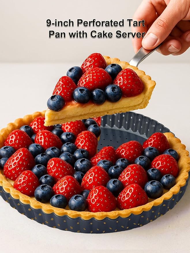 Yamteck 9 Inch Perforated Tart Pan for Crispy Crust w/Cake Server. Removable Bottom, Non-Stick Coating, Rugged Carbon Steel for Tart Quiche Pie Baking. Gift for Christmas Thanksgiving Party