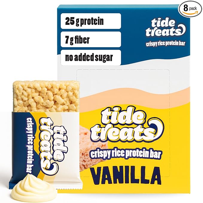 25g Protein Bar Crispy Rice Treat Vanilla | Clean Ingredients, No Added Sugar, 7g Fiber, Gluten Free | High Protein Snack for On-the-Go, Post-Workout or Dessert Cravings | 8 Count | TideTreats