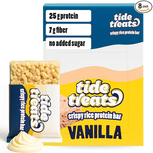 25g Protein Bar Crispy Rice Treat Vanilla | Clean Ingredients, No Added Sugar, 7g Fiber, Gluten Free | High Protein Snack for On-the-Go, Post-Workout or Dessert Cravings | 8 Count | TideTreats