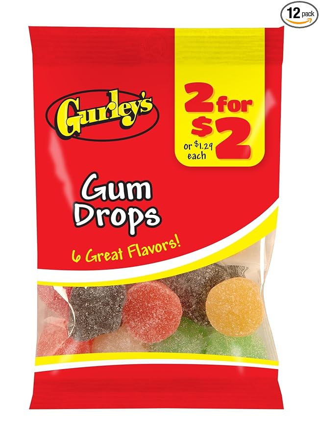 Gurley's Classic Gum Drops, Assorted Fruit Flavors, Jelly Candy (Pack of 12)