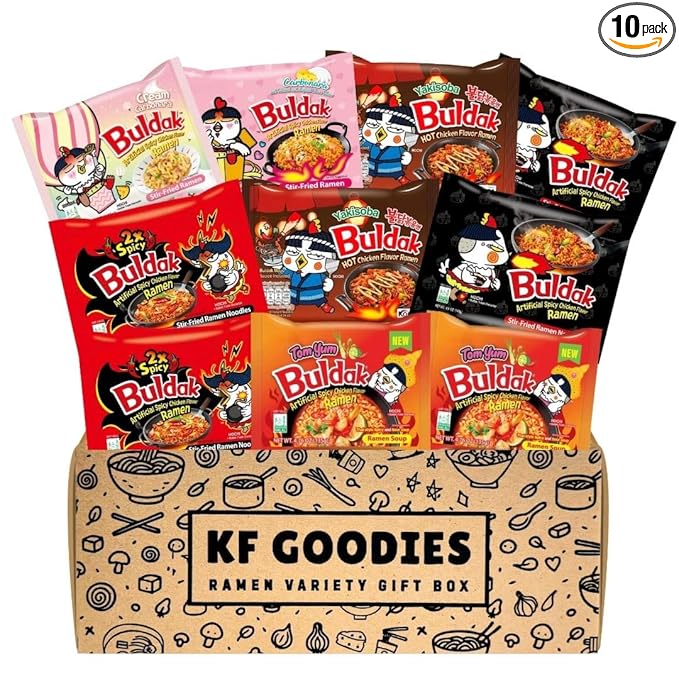 KF GOODIES Korean Ramen Variety Pack Gift Box (10 Count) – Spicy Buldak Noodle Assortment for Birthdays, College Care Packages, Office Snacks, and Gift Baskets