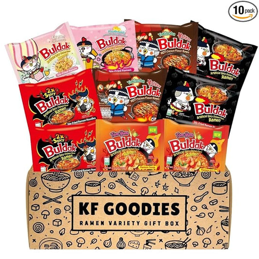 KF GOODIES Korean Ramen Variety Pack Gift Box (10 Count) – Spicy Buldak Noodle Assortment for Birthdays, College Care Packages, Office Snacks, and Gift Baskets