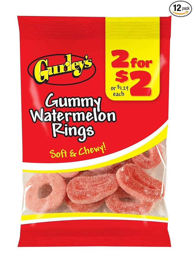 Gurley's Watermelon Gummi Rings, Sweet Summer-Flavored Candy (Pack of 12)
