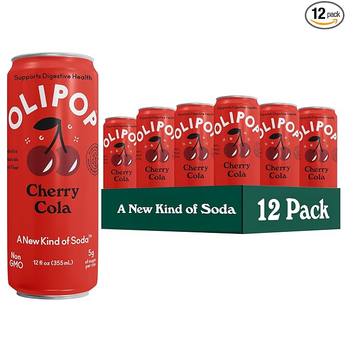 OLIPOP Prebiotic Soda Pop, Cherry Cola, Pantry Pack Packed with Prebiotics, Fiber, and Botanicals, Gluten Free, Vegan, GMO Free, 12oz Skinny (12-Cans)