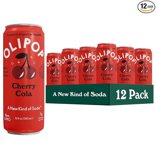 OLIPOP Prebiotic Soda Pop, Cherry Cola, Pantry Pack Packed with Prebiotics, Fiber, and Botanicals, Gluten Free, Vegan, GMO Free, 12oz Skinny (12-Cans)