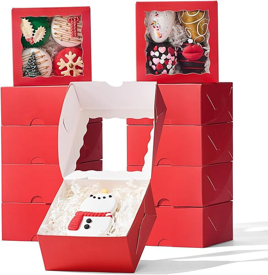 JCXGRVC 50 Pack 4x4x2 inches Red Bakery Boxes with Window - Macaron Cookie Chocolate Truffle Strawberry & Mini Cake Gift Boxes for Valentine's Parties Birthdays Wedding, Christmas Favors