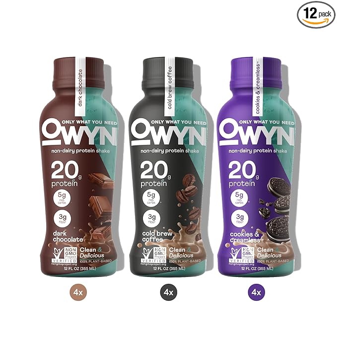 OWYN Only What You Need Protein Shake Variety Pack, Dark Chocolate, Cold Brew Coffee, Cookies and Creamless, 20g Protein, 4g Sugar, 3g Fiber, Dairy Free, Plant Based Protein Drink, 12 CT