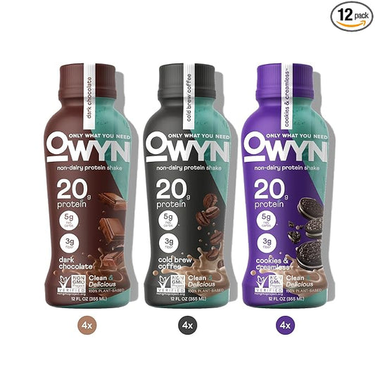 OWYN Only What You Need Protein Shake Variety Pack, Dark Chocolate, Cold Brew Coffee, Cookies and Creamless, 20g Protein, 4g Sugar, 3g Fiber, Dairy Free, Plant Based Protein Drink, 12 CT