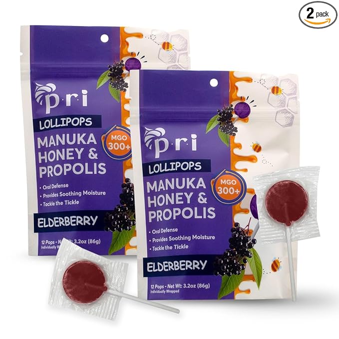 P.R.I Manuka Honey Lollipops with Propolis, Certified MGO 300+ – Throat Soothing, Elderberry Flavor, (24 Lollipops, 6.4oz)