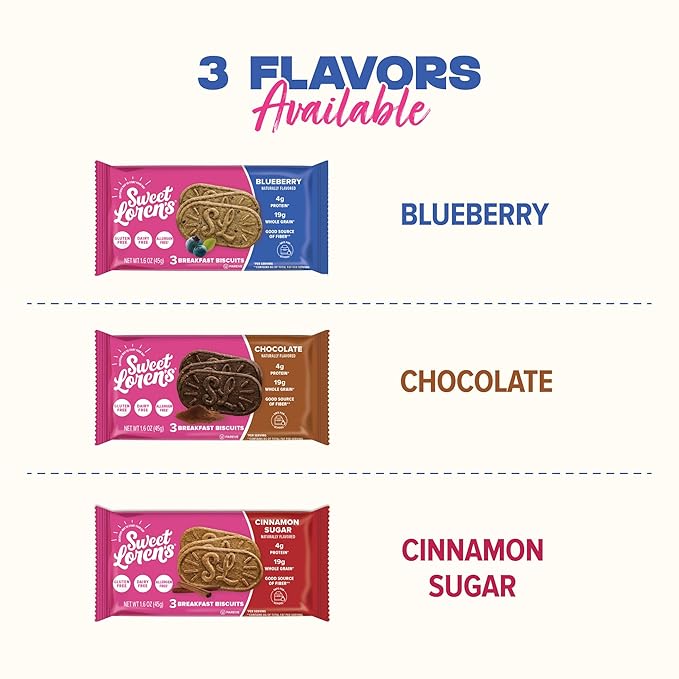 Sweet Loren's Vegan Breakfast Biscuits | Blueberry | 4g Protein, 19g Whole Grains | Plant Based, Gluten Free, Dairy Free, Nut Free Snacks | Grab & Go 8 Pack (24 Total Biscuits, 1.6 ounce each)