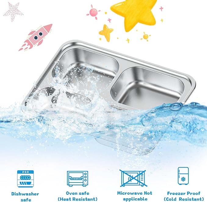 Stainless Steel Divided Plate for Kids Toddler, Non Toxic Portion Control Plate Dinner Plate with Lid for Adults Weight Loss, 2 Pack 4 Sections Rectangular Snack Plate Tray