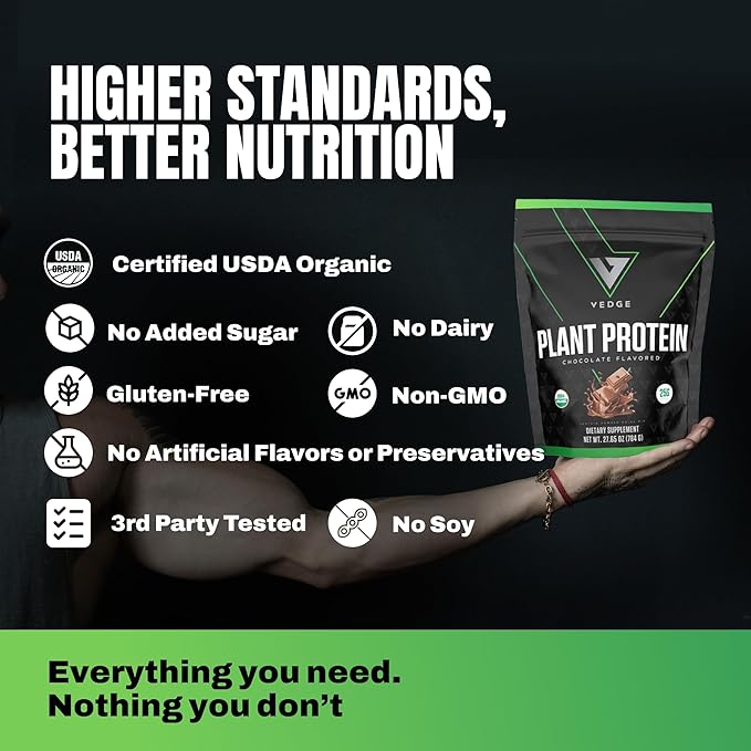 VEDGE Vegan Protein Powder - Plant Protein Powder with Pea, Pumpkin & Sunflower - USDA Organic, Amino Acids, Dairy Free, Gluten Free, Soy Free, Keto, Non GMO, Smooth Texture - Chocolate - 20 Servings