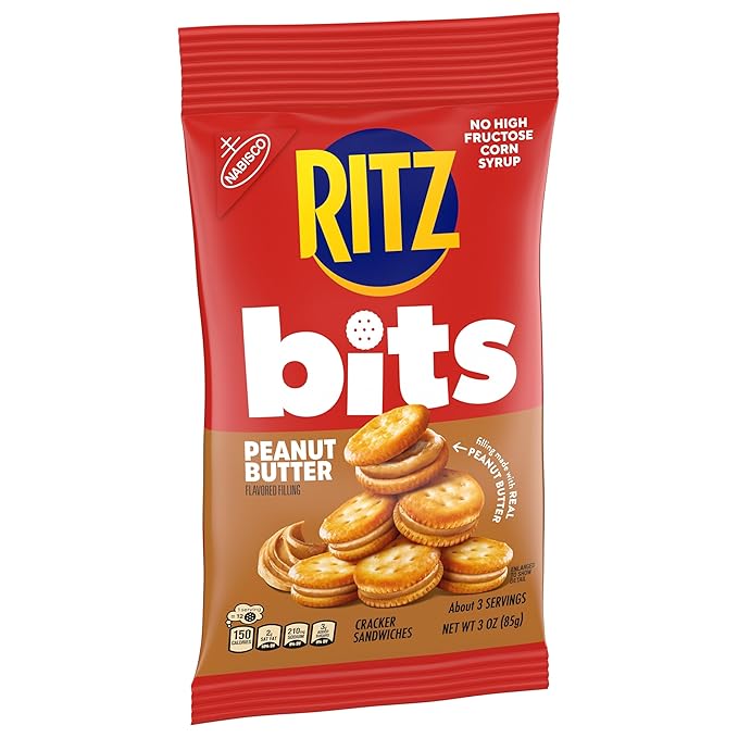 RITZ Bits Peanut Butter Sandwich Crackers, Snacks for Kids and Adults, Lunch Snacks, 12 - 3 oz Bags