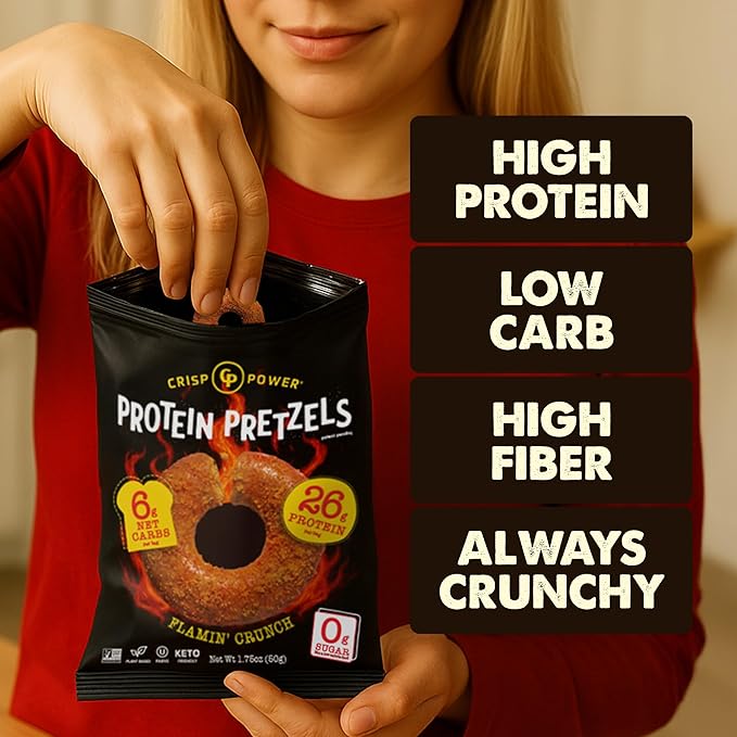 Crisp Power Protein Pretzels, NEW Flamin' Crunch, High Protein Snack, 25G Protein, Low Carb Crunchy Pretzel Snacks, No Added Sugar, 1.75 oz Bags, 6 Pack, Vegan, Plant-Based, Keto