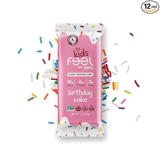 Feel Bar Minis – Kids Protein Bars | Birthday Cake | 10g Plant Protein | 100 Calories | No Added Sugar | + Daily Veggies | Gluten Free, No Nuts, No Soy, No Dairy, No Grains (12 Pack)