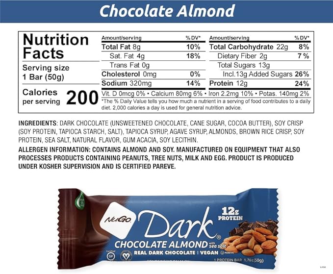 NuGo Dark Chocolate Almond w/Sea Salt, 12g Protein Bar, Vegan, Gluten Free, Non-GMO, Kosher Pareve, 12 Count