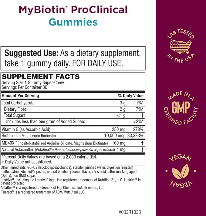 Purity Products MyBiotin ProClinical Gummies - Thicker Hair Starting in 3 Weeks & Fights Wrinkles - MB40X Biotin Matrix w/Astaxanthin - 40X More Soluble vs Ordinary Biotin 30 Berry Gummy Chews