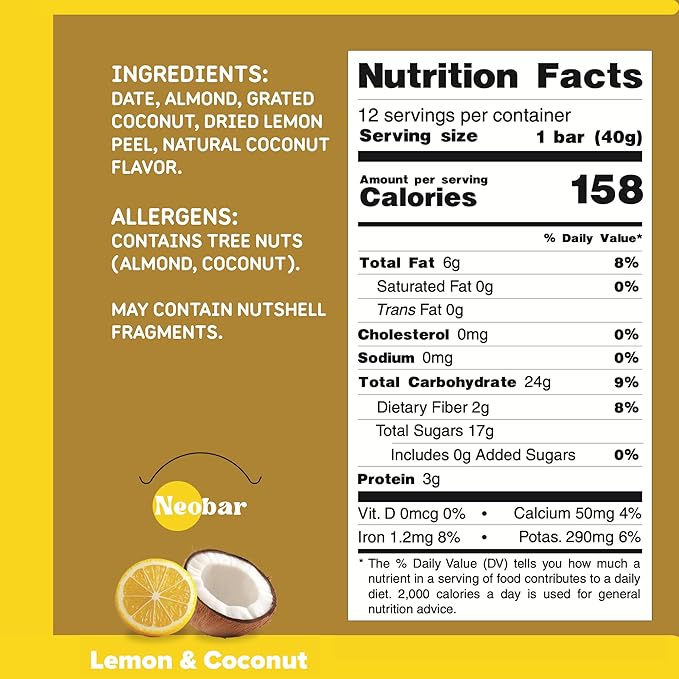 NEOBAR Fruit and Nut Bars - Plant-Based Vegan Snack Bars, Gluten Free Dairy Free Snacks, No Added Sugar, No Preservatives, Non-GMO | Lemon & Coconut,12 Count