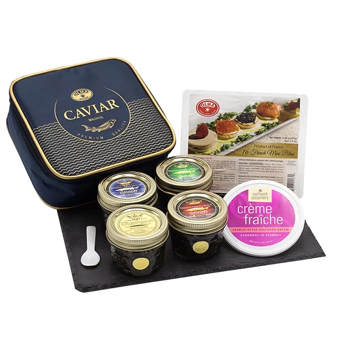 OLMA Royal Caviar Gift Set - 14 oz (400g) of Caviar, including Beluga, Osetra, White Sturgeon, Siberian Osetra Aurora, Serving Spoon & Blinis - Superior Grade Fresh Roe Fish Eggs