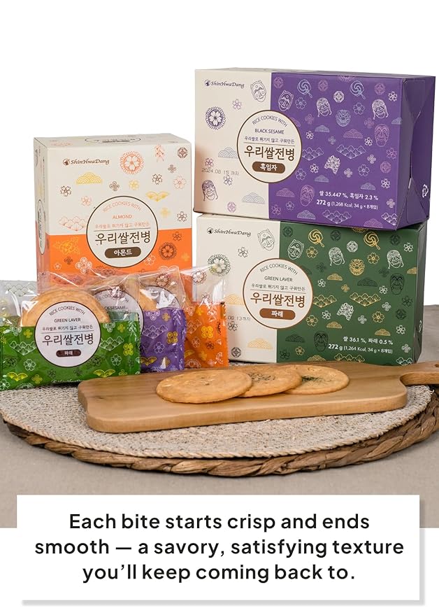Korean Food Shinwhadang Korean Rice Wafer Cookie Gift Set (1.2 oz * 18 Packs) – Almond & Black Sesame & Green Laver (Seaweed) Flavors, Oven-Baked Crispy Rice Crackers (Total 21.6oz)