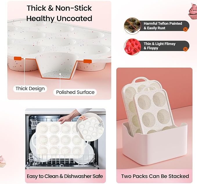 Fimary Silicone Muffin Pans for Baking 1 Pack, 2.8 Inch with Metal Reinforced Frame, Regular Size Nonstick Silicone Cupcake Pan 12 Cups for Baking Homemade Muffins, Cupcakes, Dishwasher Safe BPA Free