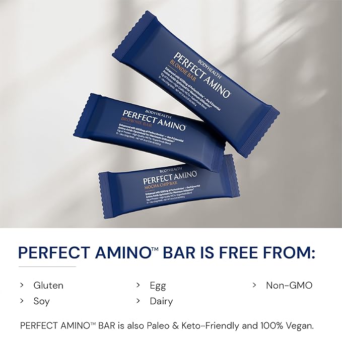 BodyHealth PerfectAmino Bar – Protein Energy Snack with 10g Protein, Plant-Based MCTs, Superfood Blend, Non-GMO, Gluten, Dairy & Soy Free (Brownie, 12 Pack)