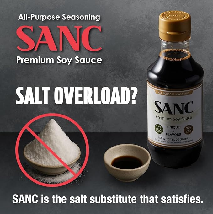 SANC All Purpose Korean Soy Sauce, 12.2 Fl Oz (Pack of 3) – Less-Sodium Salt Substitute, NON-GMO Bean, No Artificial Additives, Naturally Brewed Soy Sauce with Music Fermentation