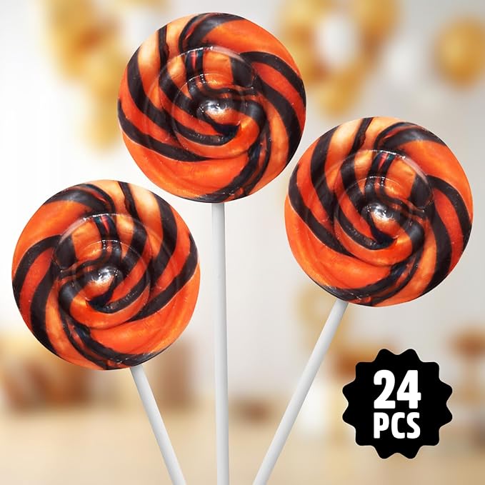 Orange and Black Swirl Lollipops, Pack of 24 Pieces Suckers Individually wrapped, Ideal Lollipops Bulk Supply for Candy Buffets and Trick or Treat Bags, Vibrant Swirl Suckers for Easy Sharing
