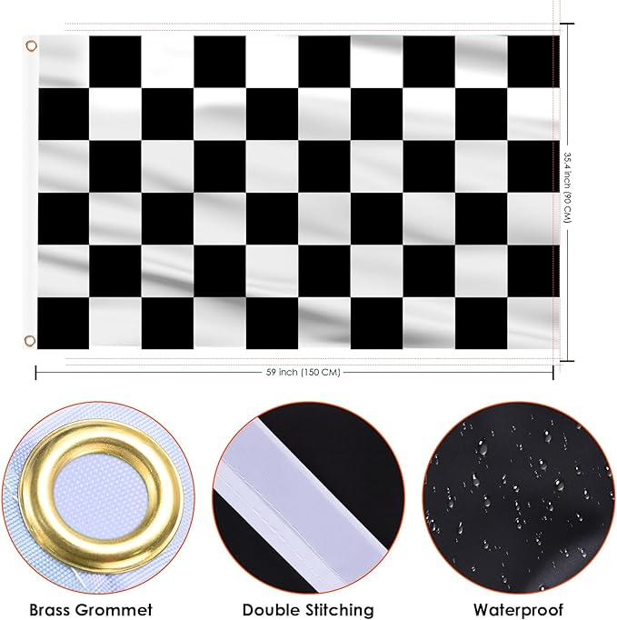 AhfuLife Checkered Flag 3x5 Ft, Large Black and White Racing Flags - Double Side with Brass Eyelets for Race Car Party, Garden Decoration Indoor Outdoor