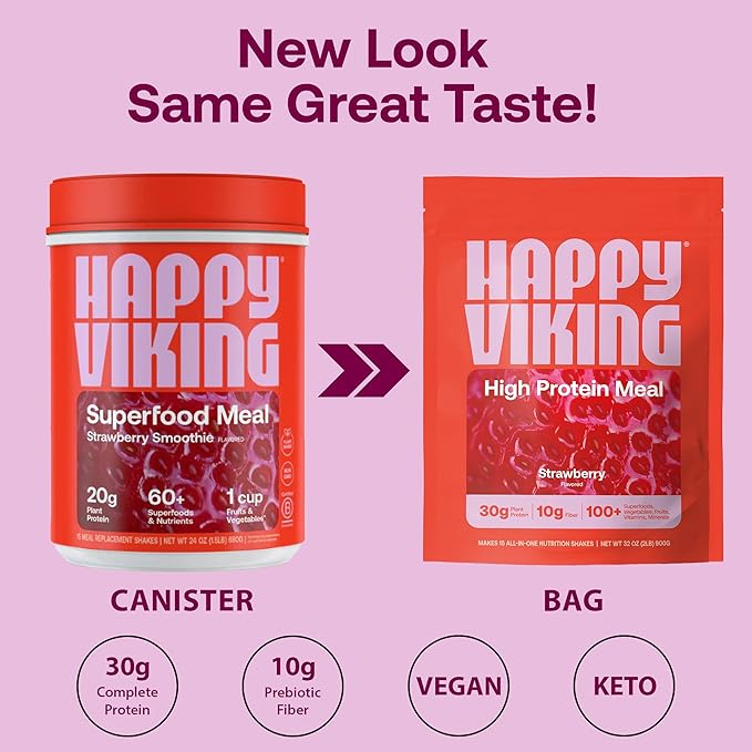 Happy Viking Strawberry Protein + Superfoods Powder, Created by Venus Williams, 30G Protein, Low Carb, Keto, Vegan, Gluten-Free, Non-GMO, Complete Meal Replacement, 1 Bag