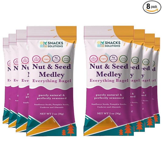 Snacks Solutions Nut and Seed Medley (2 oz - Pack of 8, Everything Bagel) Gluten Free, Natural and Perfectly Seasoned, Sunflower Seeds, Pumpkin seeds, Cashews and Almonds