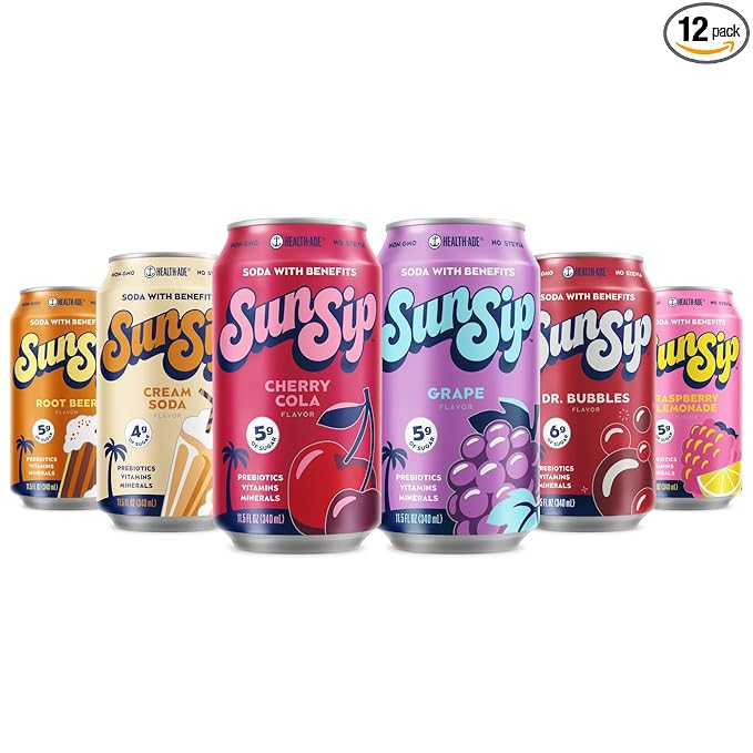 SunSip Prebiotic Soda With Benefits - Gut-Healthy Beverage with Vitamins and Minerals, Soda Alternative, Naturally Sweetened with 6g of Sugar or less, 11.5 oz (12 Pack) Soda Sampler Variety Pack