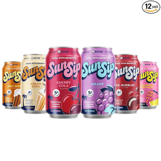 SunSip Prebiotic Soda With Benefits - Gut-Healthy Beverage with Vitamins and Minerals, Soda Alternative, Naturally Sweetened with 6g of Sugar or less, 11.5 oz (12 Pack) Soda Sampler Variety Pack